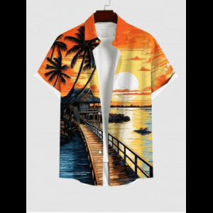 Rosegal, Plus Size Coconut Tree Bridge Sunset Ombre Colorblock Sky Print Buttons Pocket Hawaii Shirt For Men