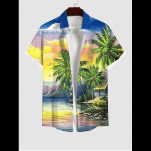Rosegal, Plus Size Coconut Tree Sea Colorful Ombre Sky Cloud Mountain Print Hawaii Button Pocket Shirt For Men