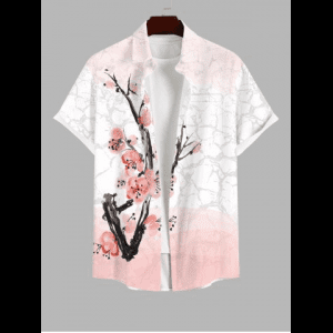 Rosegal, Plus Size Chinese Style Peach Blossom Branched Ombre Colorblock Print Buttons Pocket Shirt For Men