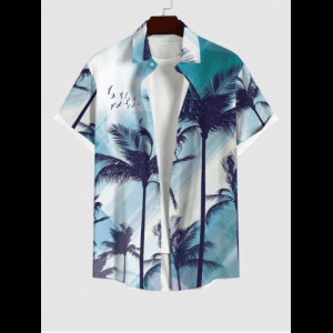 Rosegal, Plus Size Coconut Tree Bird Ombre Light Beam 3D Print Buttons Pocket Hawaii Shirt For Men