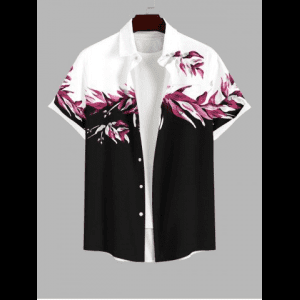 Rosegal, Plus Size Tropical Leaves Floral Contrast Colorblock Print Hawaii Buttons Pocket Shirt For Men