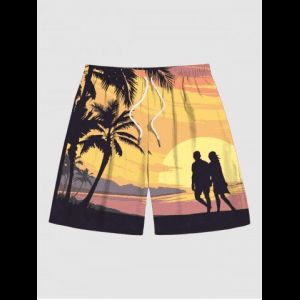 Rosegal, Plus Size Coconut Tree Sunset Mountain Couple Print Hawaii Beach Shorts For Men