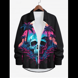 Rosegal, Plus Size Skull Coconut Tree Mountain Ombre Colorblock Print Buttons Long Sleeves Hawaii Shirt For Men