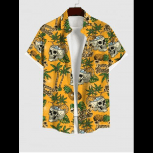 Rosegal, Plus Size Skull Coconut Tree Pineapple Letters Print Hawaii Button Pocket Shirt For Men