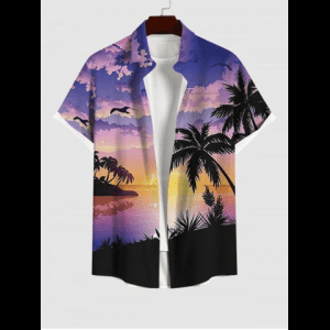 Rosegal, Plus Size Sunset Coconut Tree Bird Cloud Ombre Sky Print Buttons Pocket Hawaii Shirt For Men