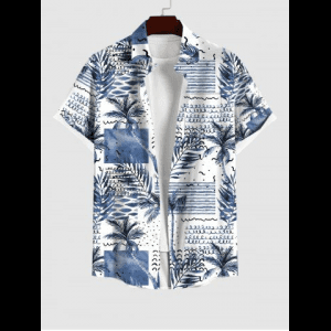 Rosegal, Plus Size Coconut Tree Colorblock Scarf Graphic Print Hawaii Button Pocket Shirt For Men
