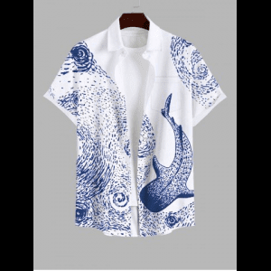 Rosegal, Plus Size Shark Spiral Sea Waves Print Hawaii Sea Creatures Button Pocket Shirt For Men