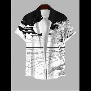 Rosegal, Plus Size Coconut Tree Sea Moon Cloud Print Hawaii Button Pocket Shirt For Men