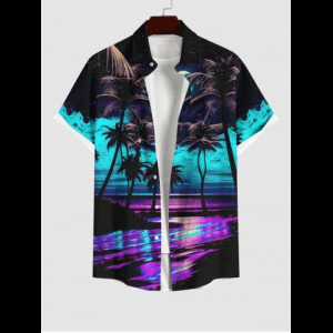 Rosegal, Plus Size Coconut Tree Moon Colorful Sea Surface Print Buttons Pocket Hawaii Shirt For Men