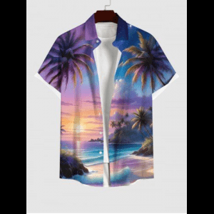 Rosegal, Plus Size Coconut Tree Ombre Colorful Sky Sea Print Buttons Pocket Hawaii Shirt For Men