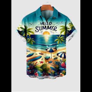 Rosegal, Plus Size Seascape Beach Sea Waves Sunset Coconut Tree Sunshade Print Hawaii Shirt For Men