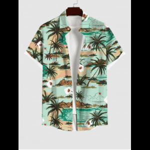 Rosegal, Plus Size Coconut Tree Sea Floral Mountain Print Hawaii Button Pocket Shirt For Men