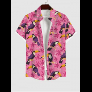 Rosegal, Hawaii Plus Size Turn-down Collar Woodpecker Floral Leaf Print Button Pocket Shirt For Men