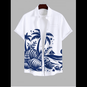 Rosegal, Plus Size Coconut Tree Conch Sailboat Sea Print Buttons Pocket Hawaii Shirt For Men