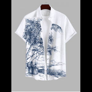 Rosegal, Plus Size Coconut Tree Sea Mountain Box Print Buttons Pocket Hawaii Shirt For Men