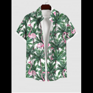 Rosegal, Men's Flamingo Coconut Tree Print Buttons Pocket Hawaii Shirt