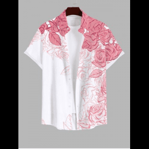Rosegal, Plus Size Rose Flower Leaf Print Hawaii Button Pocket Shirt For Men