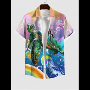 Rosegal, Plus Size Sea Creatures Turtle Jellyfish Bubble Rainbow Print Buttons Pocket Shirt For Men