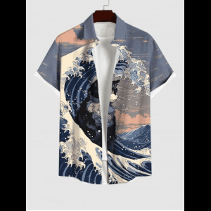 Rosegal, Men's Cat Sea Waves Cloud Print Buttons Pocket Shirt