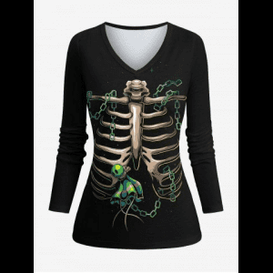 Rosegal, Skull Chain Skeleton Print Halloween Long Sleeves T-shirt
