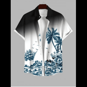 Rosegal, Plus Size Coconut Tree Sea Waves Floral Sailboat Print Hawaii Ombre Button Pocket Shirt For Men