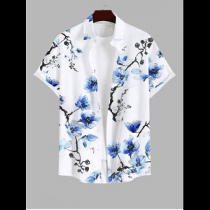 Rosegal, Plus Size Peach Blossom Flower Branch Watercolor Print Buttons Pocket Hawaii Shirt For Men