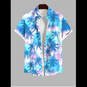 Rosegal, Plus Size Tie Dye Ombre Tropical Coconut Tree Print Buttons Pocket Hawaii Shirt For Men