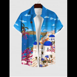 Rosegal, Plus Size Villa Sea Of Love Flower Coconut Tree Ombre Sky Cloud Print Hawaii Button Pocket Shirt For Men