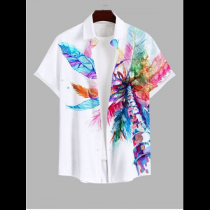 Rosegal, Plus Size Colorful Feather Coconut Tree Print Hawaii Button Pocket Shirt For Men