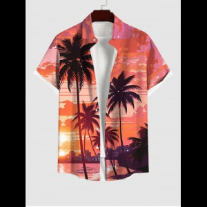 Rosegal, Plus Size Coconut Tree Sea Beach Dusk Print Hawaii Button Pocket Shirt For Men