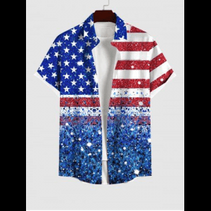 Rosegal, Plus Size Patriotic American Flag Sparkling Sequin 3D Print Buttons Pocket Shirt For Men