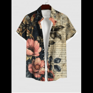 Rosegal, Plus Size Flowers Leaf Newspaper Print Buttons Pocket Shirt For Men