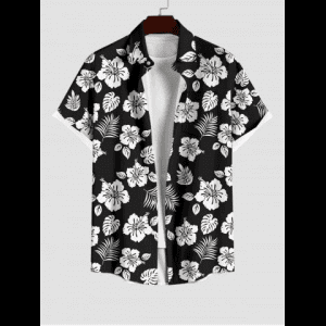 Rosegal, Plus Size Flower Coconut Leaves Print Hawaii Button Pocket Shirt For Men