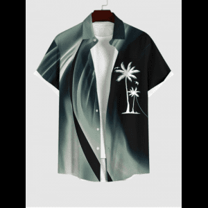Rosegal, Plus Size Coconut Tree Ombre Light Beam 3D Print Buttons Pocket Hawaii Shirt For Men