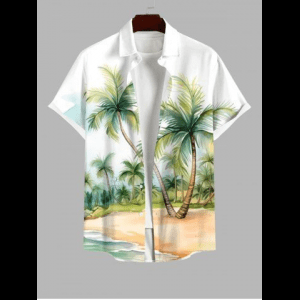 Rosegal, Plus Size Coconut Tree Beach Print Hawaii Button Pocket Shirt For Men