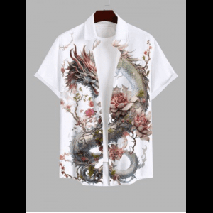 Rosegal, Plus Size Chinese Elements Dragon Flowers Print Buttons Pocket Shirt For Men