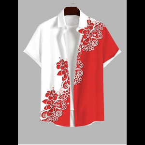 Rosegal, Plus Size Two Tone Colorblock Flowers Print Buttons Pocket Hawaii Shirt For Men
