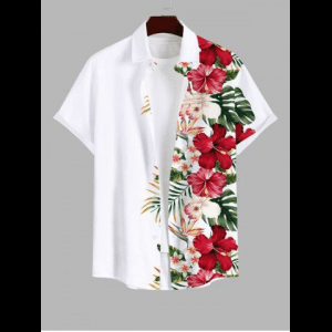 Rosegal, Plus Size Tropical Leaf Hibiscus Flower Print Buttons Pocket Hawaii Shirt For Men