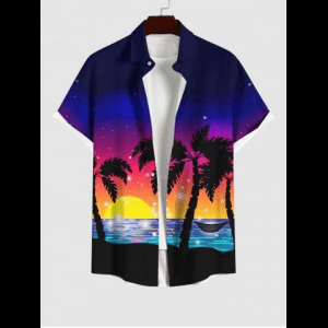 Rosegal, Plus Size Coconut Tree Sunset Ombre Colorblock Print Buttons Pocket Hawaii Shirt For Men