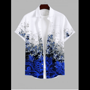 Rosegal, Plus Size Paisley Flowers Leaf Ink Painting Glitter 3D Print Buttons Pocket Hawaii Shirt For Men