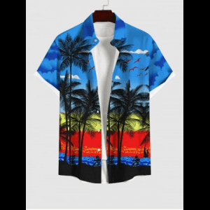 Rosegal, Hawaii Plus Size Coconut Tree Cloud Sea Colorblock Print Buttons Pocket Shirt For Men