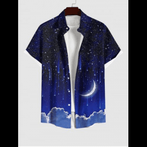 Rosegal, Plus Size Glitter Galaxy Star Moon Cloud Print Hawaii Ombre Button Pocket Shirt For Men