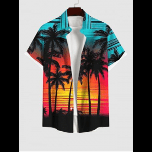 Rosegal, Plus Size Sunset Colorful Colorblock Sky Coconut Tree Print Buttons Pocket Hawaii Shirt For Men