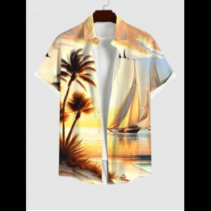 Rosegal, Plus Size Coconut Tree Sailboat Sea Bird Print Buttons Pocket Hawaii Shirt For Men