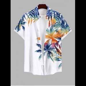 Rosegal, Plus Size Colorful Coconut Tree Tropical Leaves Print Hawaii Button Pocket Shirt For Men