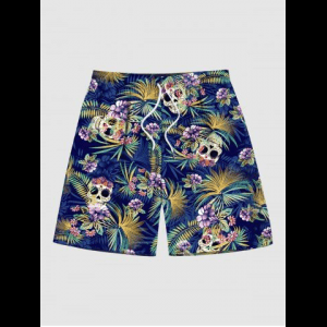Rosegal, Plus Size Skull Floral Tropical Coconut Leaves Print Hawaii Drawstring Beach Shorts For Men