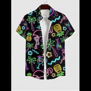 Rosegal, Plus Size Neon Flamingo Coconut Tree Pineapple Stars Juice Print Hawaii Button Pocket Shirt For Men