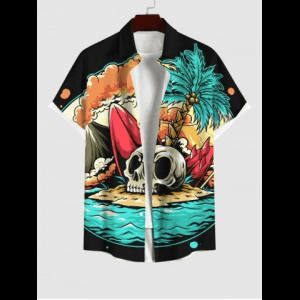 Rosegal, Plus Size Skull Coconut Tree Sea Beach Print Hawaii Button Pocket Shirt For Men