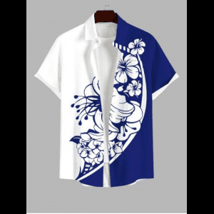 Rosegal, Plus Size Tripical Leaf Hibiscus Flower Two Tone Print Buttons Pocket Hawaii Shirt For Men