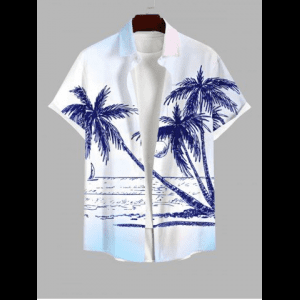 Rosegal, Plus Size Hand Painted Coconut Tree Sun Sea Print Buttons Pocket Hawaii Shirt For Men